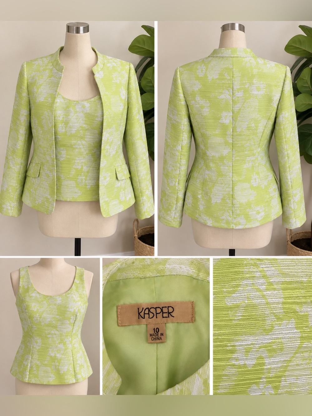 Kasper Lime Green and White Floral Textured Jacket & Shell Set